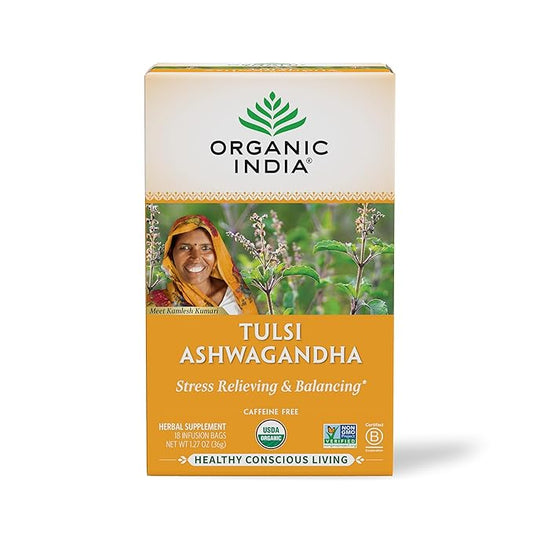ORGANIC INDIA Calming Tulsi Ashwagandha Tea - Organic Tea Bags, Holy Basil Tea, Vegan, USDA Certified Organic, Non-GMO, Caffeine Free Tea - 18 Infusion Bags, 1 Pack