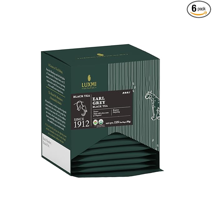 Luxmi Estates - Garo Hills - Organic Earl Grey Tea - 90 Tea Bags (15ct x 6pack) | With Refreshing Essence of Bergamot and Other Spices