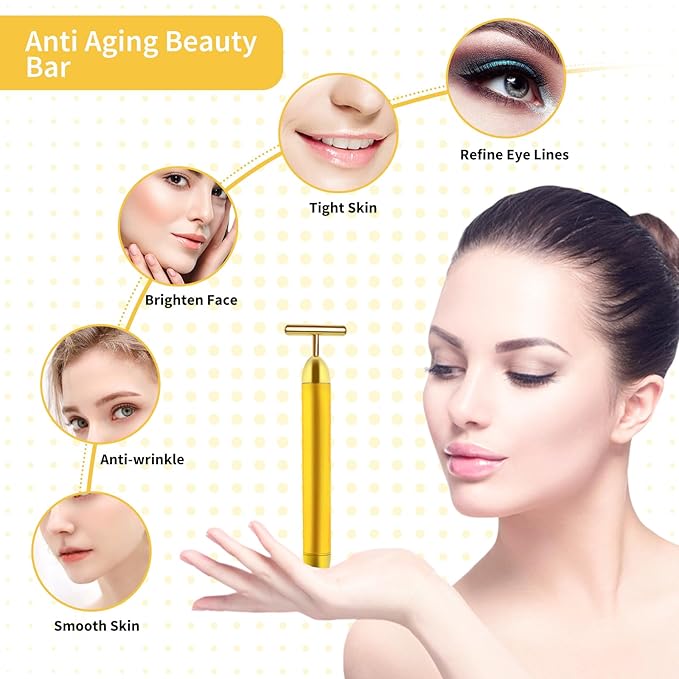 Aubric Face Massager Electric Beauty Bar 24k Golden Facial Massage Tool, T-Shape Electric Vibrating Wand Face Neck Skin Firming Lifting Tighting Wrinkles Reducing Body Treatment Anti Aging Device
