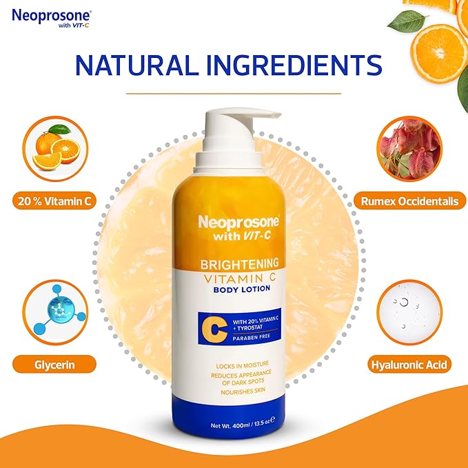 Neoprosone Brightening Body Lotion - 13.5 Fl Oz / 400ml - Formulated to Fade Dark Spots on Elbows, Knees, Neck, Body, and Intimate Parts, with Tyrostat, Shea Butter, Vitamin C, Vitamin E