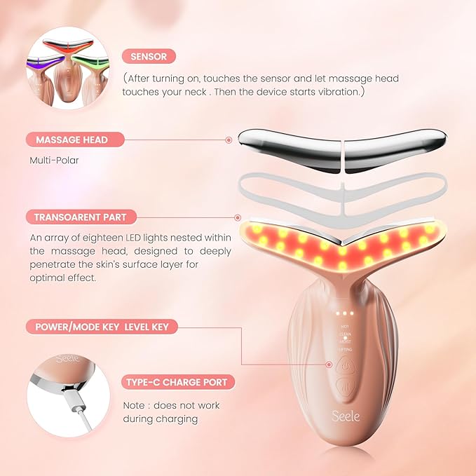 SEELE Multi-Polar 7-Color LED Skin Beauty Device - Luxurious Firming and Radiance and Anti-Aging for Face and Neck, Based on 7 Color LED, Vibration, and Thermal Technologies. (Rose Gold)