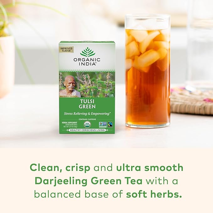 Organic India Tulsi Green Herbal Tea - Stress Relieving & Balancing, Immune Support, Adaptogen, Vegan, USDA Certified Organic, Caffeine-Free - 18 Infusion Bags, 6 Pack
