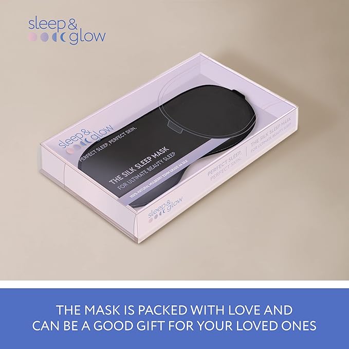 SLEEP & GLOW Silk Sleep Eye Mask Luxury Mulberry 22 Momme 100% Natural Triple Silk Blindfold with Adjustable Strap for Comfortable Sleeping & Face Skin Care (Black)