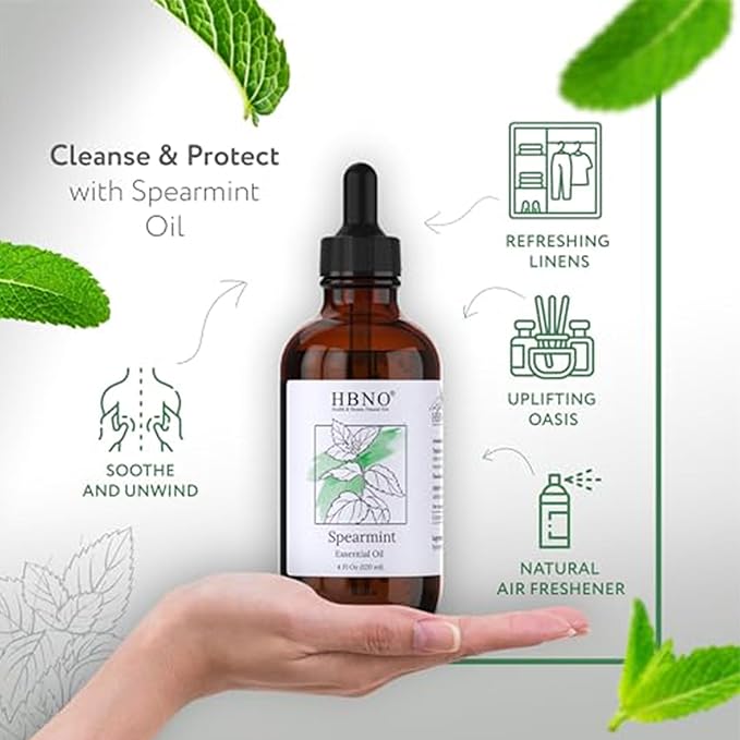 HBNO Spearmint Essential Oil - Huge 4 oz (120ml) Value Size - Natural Spearmint Oil - Perfect for Cleaning, Aromatherapy, DIY, Soap & Diffuser - Spearmint Essential Oils