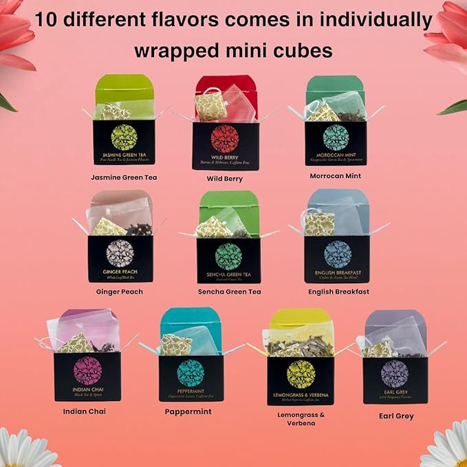 Ceremonie Tea Herbal Variety Pack - Kosher Set with Reusable Wooden Tray - Assorted Sampler With 10 Individually Wrapped Silky Mesh Bags - Single Serve Pouches