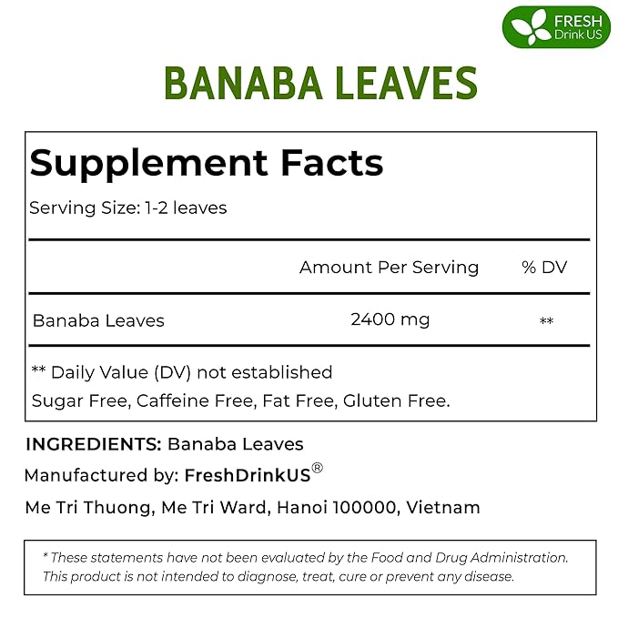 FreshDrinkUS, Premium 50+ Banaba Dried Leaves, 100% Natural & Pure from Whole Banaba Leaves, Banaba Leaf Tea, No Additives, No Caffeine, Vegan