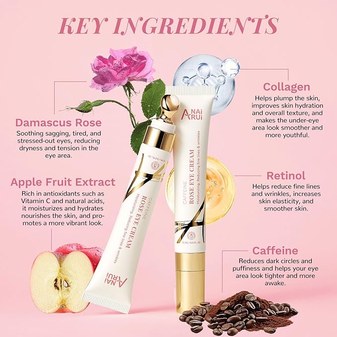 ANAI RUI Rose Caffeine Eye Cream for Dark Circles, Mother's Day Gift for Women, Anti-Aging Eye Cream with Retinol, Collagen, Hydrating, Firming, Reduce Wrinkles and Fine Lines Daily 0.5 FL OZ