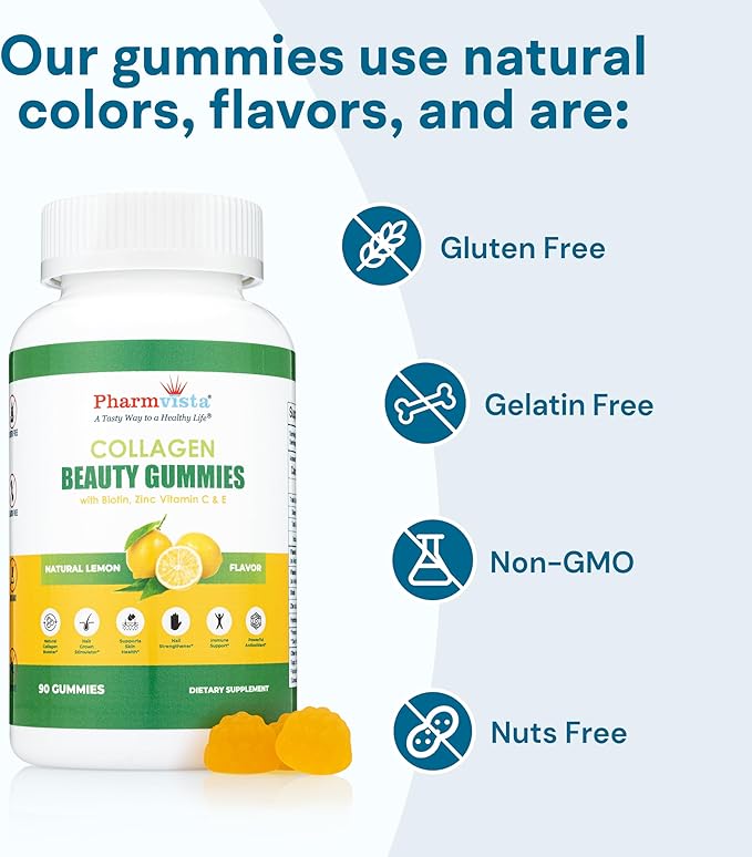 Collagen Gummies with Biotin, Zinc, Vitamins C & E for Hair Skin and Nails Support, 90ct