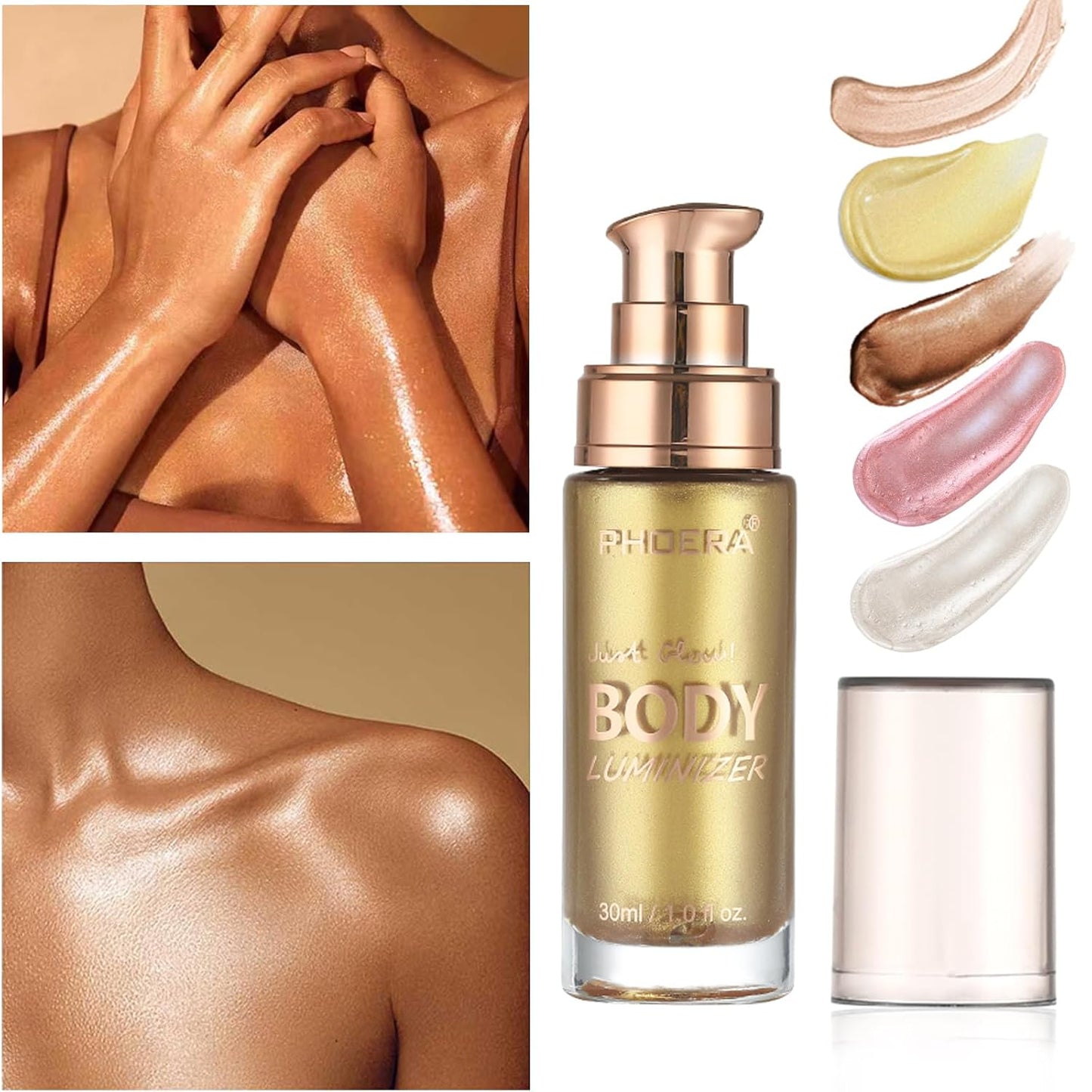 Body Shimmer Oil, Waterproof Long Lasting Moisturizing Bronze Body Luminizer Glow For Face & Body, Liquid Illuminator Body Highlighter 1oz/Jars, Makeup Brush Include (Metallic Gold #02)