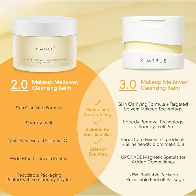 Kimtrue 3rd Generation Meltaway Cleansing Balm - Makeup Remover Balm for All Skin Types - Gently Meltaway Mascara, Eyeliner and Makeup - Oil Face Cleanser - Hydrating, Fragrance-Free - 3.38 oz