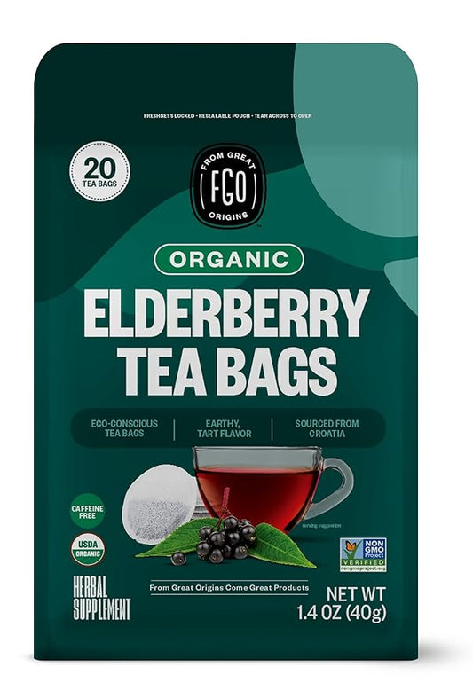 FGO Organic Elderberry Tea, 20 Count, Eco-Conscious Herbal Tea Bags, Resealable Bag, Caffeine Free, Packaging May Vary (Pack of 1)