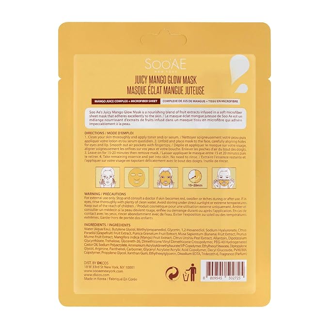 Soo’AE Juicy Mango Glow Mask [12 Count], Mango Juice Complex + Microfiber Sheet, Cute and Fun, Nourishing, Premium Quality, Korean Skincare, Cruelty Free, A Spa-like Experience At Home, 12 Value Pack