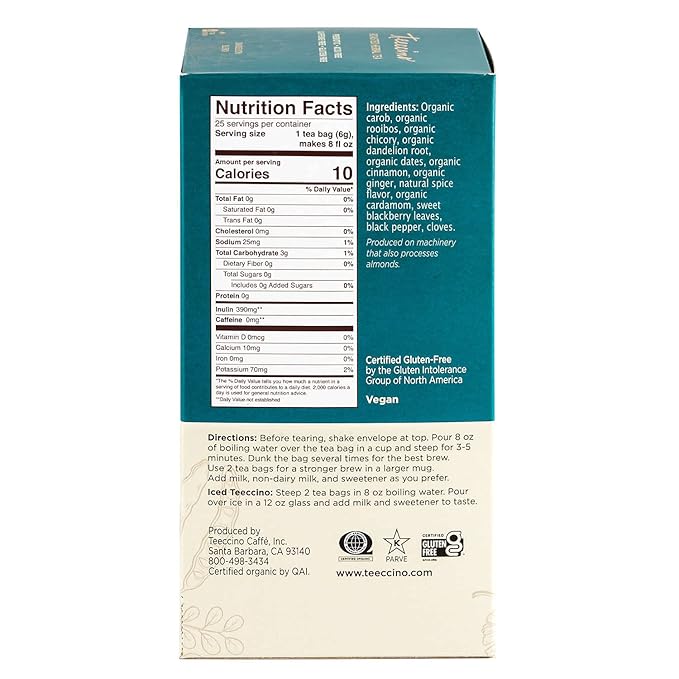 Teeccino Dandelion Red Chai Tea - Caffeine-Free, Roasted Herbal Tea with Prebiotics, 3x More Herbs than Regular Tea Bags, Gluten Free - 25 Tea Bags (Pack of 3)