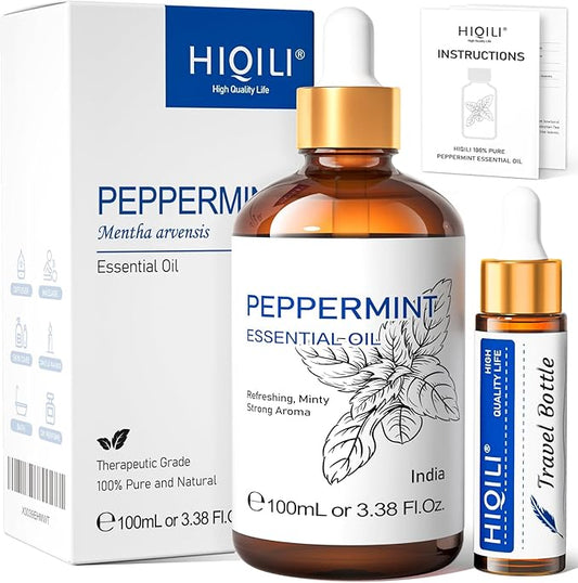 HIQILI 100ML Peppermint Essential Oil with Summer Travel Bottle and Glass Dropper, 100% Pure and Natural Therapeutic Grade