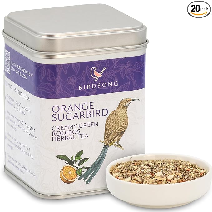 Birdsong Orange Sugarbird: Organic Green Rooibos Herbal Teas, Light and Refreshing Caffeine Free Tea with 100% Natural Sweet Creamy Flavor and Health Benefits, 15 Pyramid Honeybush Orange Tea Sachet