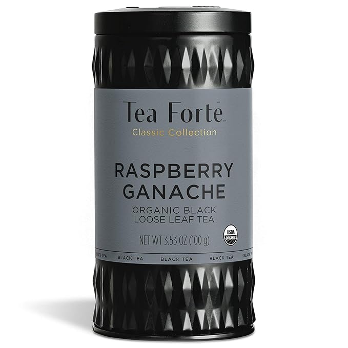 Tea Forte Raspberry Ganache Premium Organic Loose Leaf Caffeinated Black Tea Blend Canister, Makes 35-50 Cups, Tea Gifts for Mother's Day