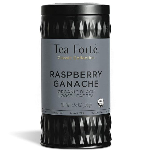 Tea Forte Raspberry Ganache Premium Organic Loose Leaf Caffeinated Black Tea Blend Canister, Makes 35-50 Cups, Tea Gifts for Mother's Day