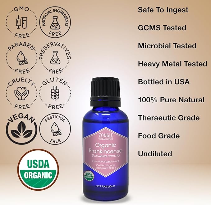 Organic, Frankincense Essential Oil, Food Grade, for Face, Pain Relief – 100% Pure, Frankincense, Resin, Oil, Boswellia Serrata, Edible, by Zongle Therapeutics, 1 OZ