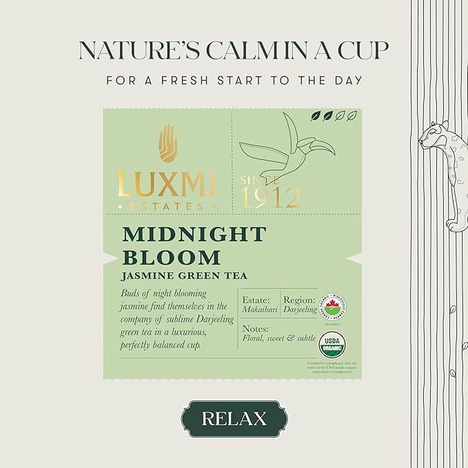 Luxmi Estates - Midnight Bloom - Organic Jasmine Tea - Loose Leaf - 100g (50 Cups) | With Organic Jasmine Buds and Darjeeling Green Tea | Natural Aid to Relieve Stress, Anxiety and Sleep Problems