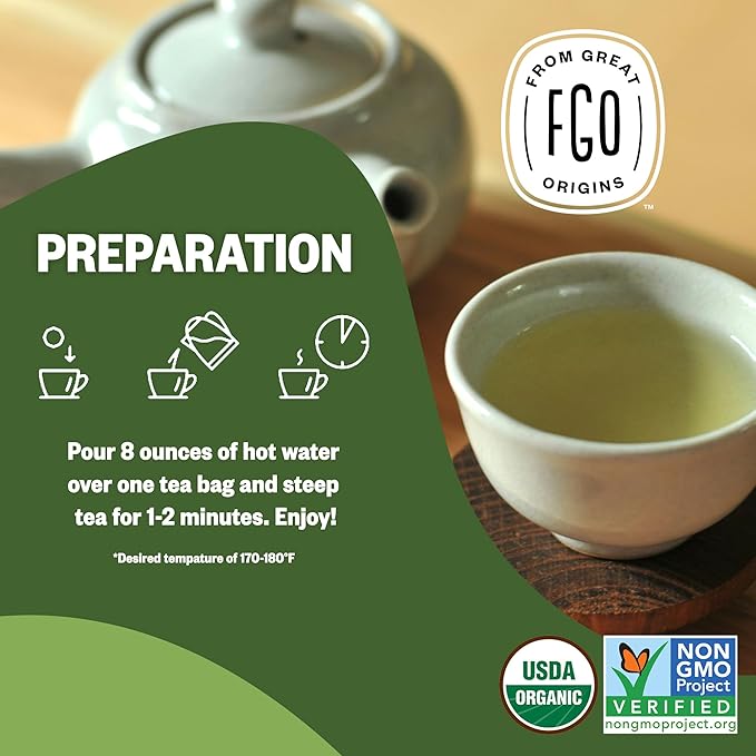 FGO Organic Japanese Matcha + Green Tea, 20 Count, Eco-Conscious Tea Bags, Resealable Bag, Packaging May Vary (Pack of 1)