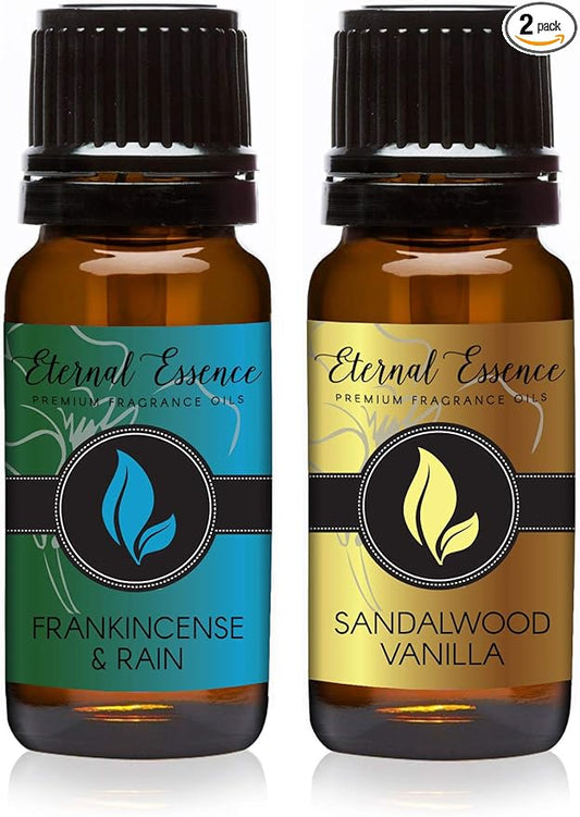 Eternal Essence Oils 2 Pack 10ml Premium Fragrance Oil - Sandalwood Vanilla & Frankincense & Rain - for Candle, Soap Making, Aromatherapy, Diffusers, Home Care, & Humidifiers