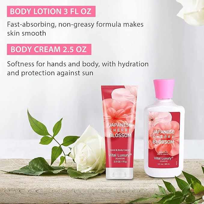Bath & Body Kit, 3 Fl Oz Travel Size, Ideal Skincare Relaxing Home Spa Set, Includes Body Lotion, Shower Gel, Body Cream, and Fragrance Mist, Bath Gifts for Her and Him (Japanese Cherry