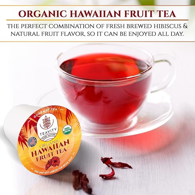Organic Hibiscus Tea Pods with Peach, Mango, & Passionfruit - Naturally Decaf Tea - Hawaiian Fruit Tea by Teavity (36 Tea Pods)