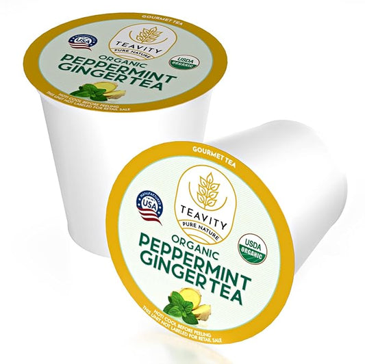 Organic Ginger Tea Pods for Keurig with Organic Peppermint Tea - Decaf Tea for K Cup Brewing Peppermint Ginger by Teavity (36 Tea Pods)
