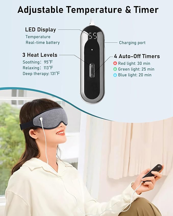 Heated Eye Mask Warm Eye Compress for Dry Eyes - Cordless Electric Heat Eye Mask with Temperature Timer Control Heating Pad for Dry Eye Relief, Stye, Blepharitis, Improve Sleep