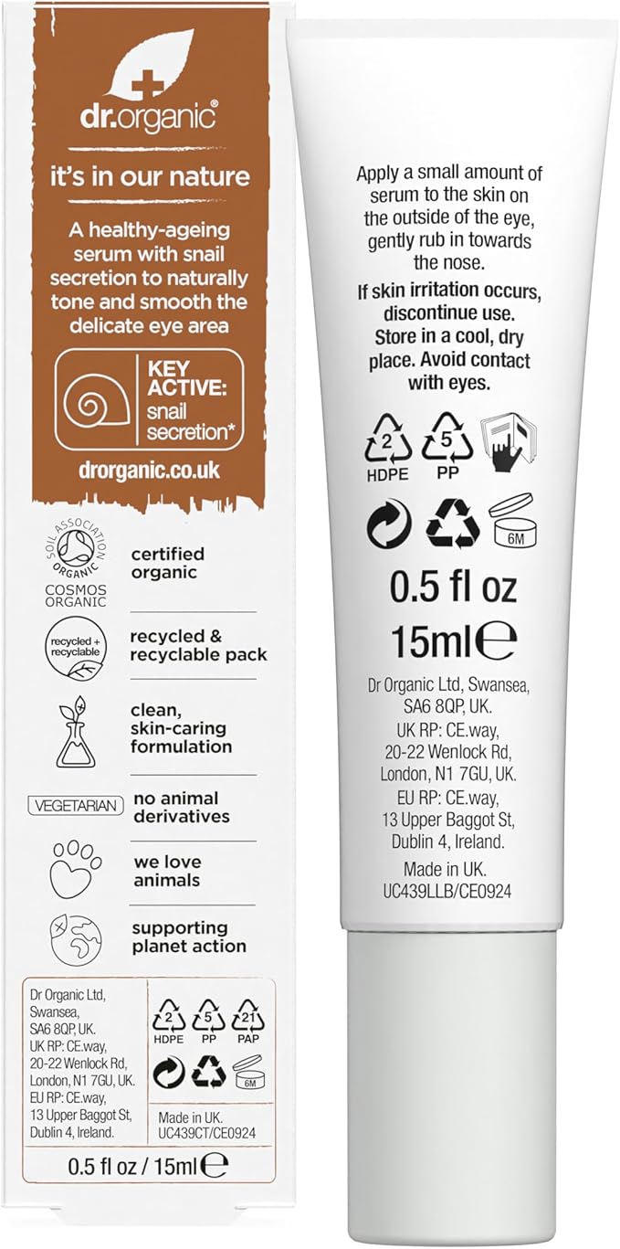 Dr. Organic Snail Gel Eye Serum | Tightens and Hydrates Delicate Eye Area, Reduces Puffiness, Natural, Certified Organic, Paraben & SLS-Free, 15 mL / 0.5 fl oz