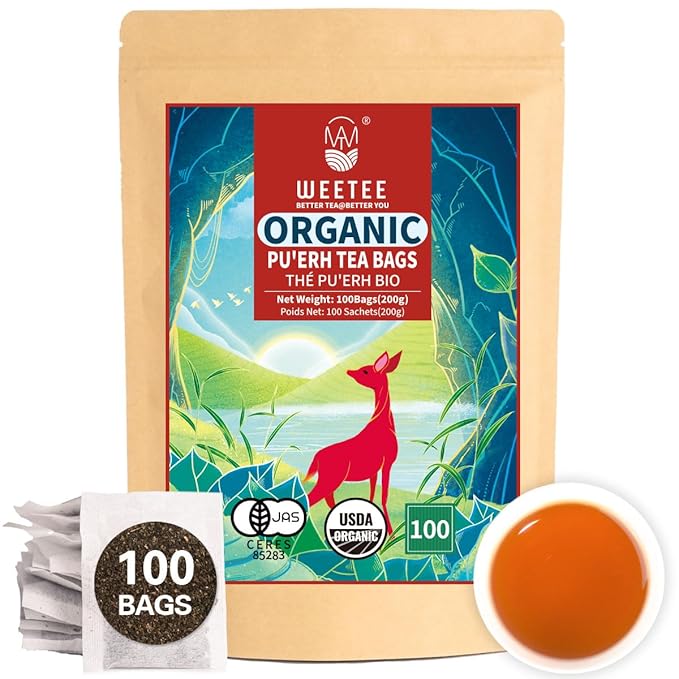 WT WEETEE Organic Puerh Tea Bags, Organic Ripe Pu'erh Tea 100 Count, Smooth, Subtly Sweet, Earthy Dark Tea Black Tea, Rich Antioxidants