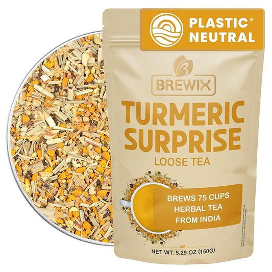 BREWIX, Turmeric Surprise Herbal Tea (75+ Cups, 5.29oz/150g), Caffeine Free Blend Of Turmeric, Black Pepper, Cinnamon, Ginger, Cardamom, Lemongrass