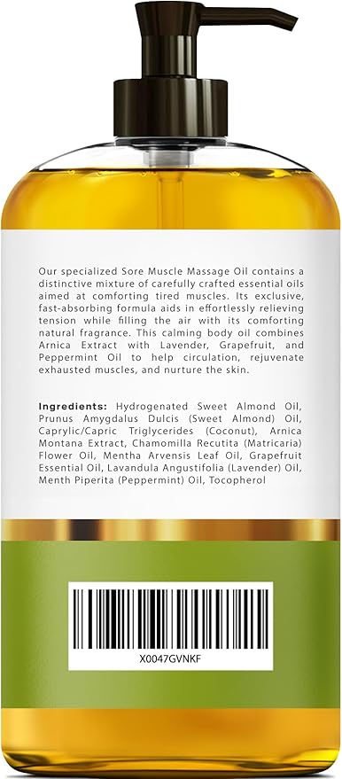 Arnica Sore Muscle Massage Oil – 100% Pure & Natural - Massage Therapy for Muscles & Joints – Body Oil Infused with Arnica Extract, Lavender Oil, Peppermint Oil & Chamomile Oil – 8 FL OZ