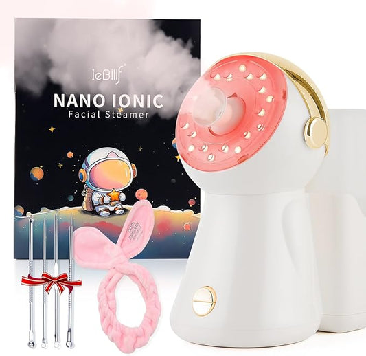 Facial Steamer,with 7 Colors Led Light,Face Steamer for Facial Deep Cleaning,Warm Mist Nano Ionic Steamer for face,Steam Humidifier,Facial Steamers Home Facial spa, Gift for Women（Gold with Light）