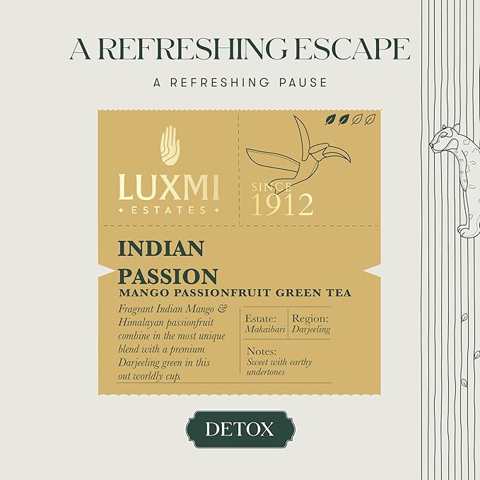 Luxmi Estates - Indian Passion - Organic Mango Passion Fruit Green Tea - 25 Tea Bags | With Mango & Passion Fruit | Brew as Iced Tea or Hot