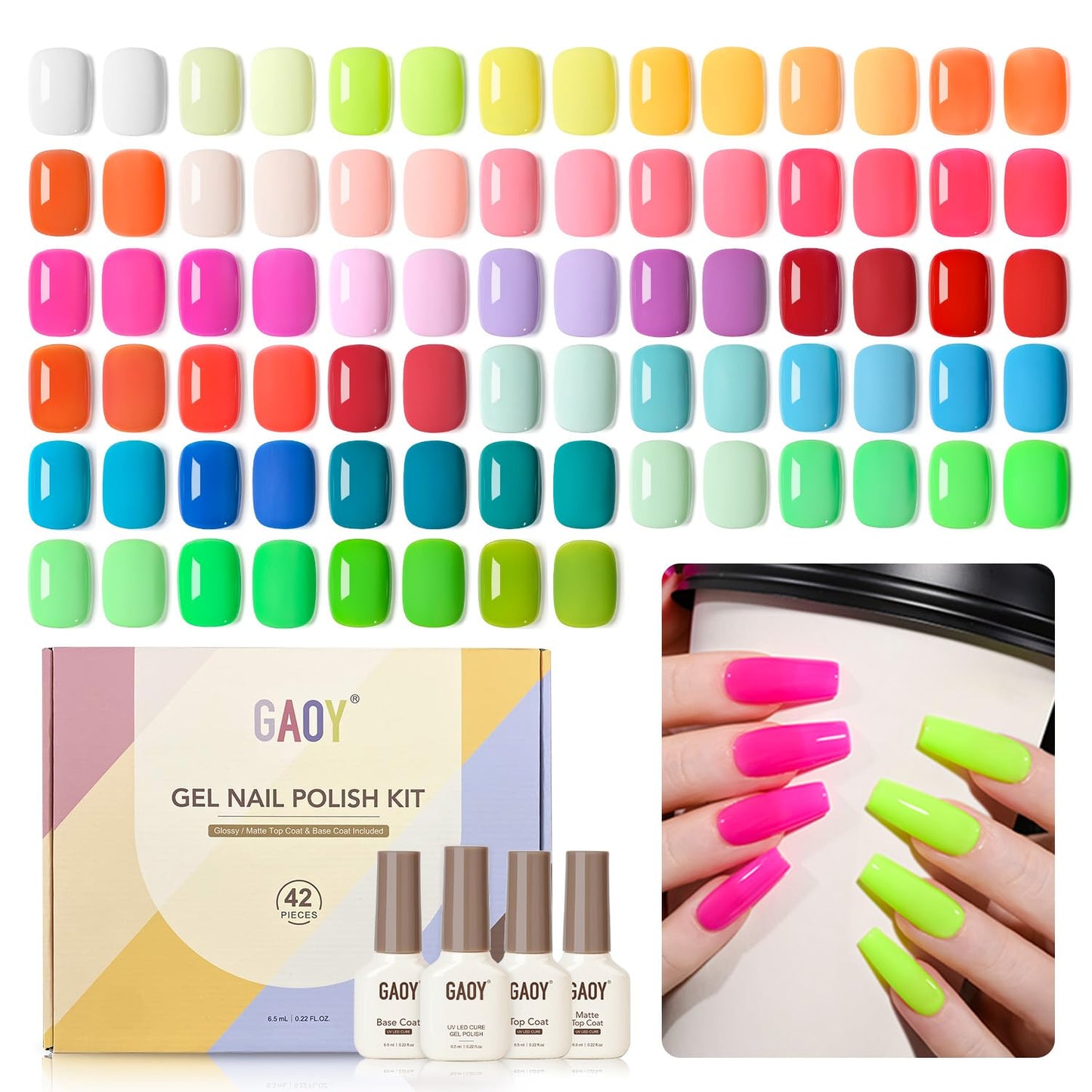 GAOY 42 Pcs Gel Nail Polish Kit, Neon Summer Bright Pink Orange Coral Green Colors Gel Nail Polish Set with Glossy & Matte Top Coat and Base Coat for Salon and DIY Manicure at Home