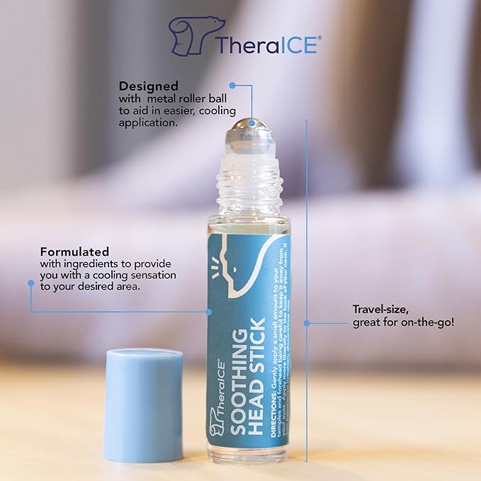 TheraICE Rx Soothing Head Stick 10 ml (.33-Oz) Essential Oil Roll on Aromatherapy: Peppermint, Spearmint, Lavender, Chamomile, Rosemary, Eucalyptus. Metal Roller. USA Made