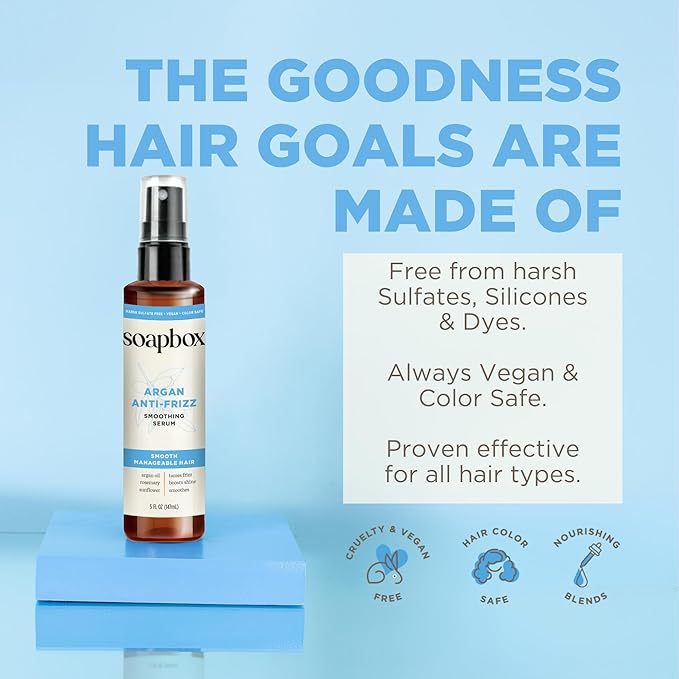 Soapbox Argan Oil Smoothing Serum, Anti-Frizz Serum For All Hair Types with Shea Butter & Vitamin E Repairs Damage & Controls Flyaways - Vegan, Cruelty and Gluten Free (5 Fl oz)