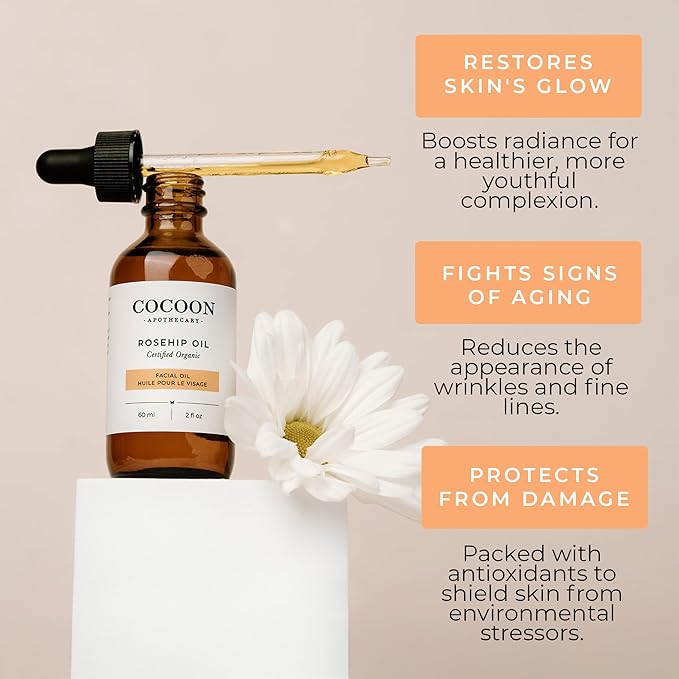 Rosehip Oil 2 fl oz - 100% Pure Facial & Rosehip Oil For Face, Ecocert Cosmos Organic, Nourish + Calm, Hydrate, Smooth Dry Irritated Skin, Rich in Antioxidants