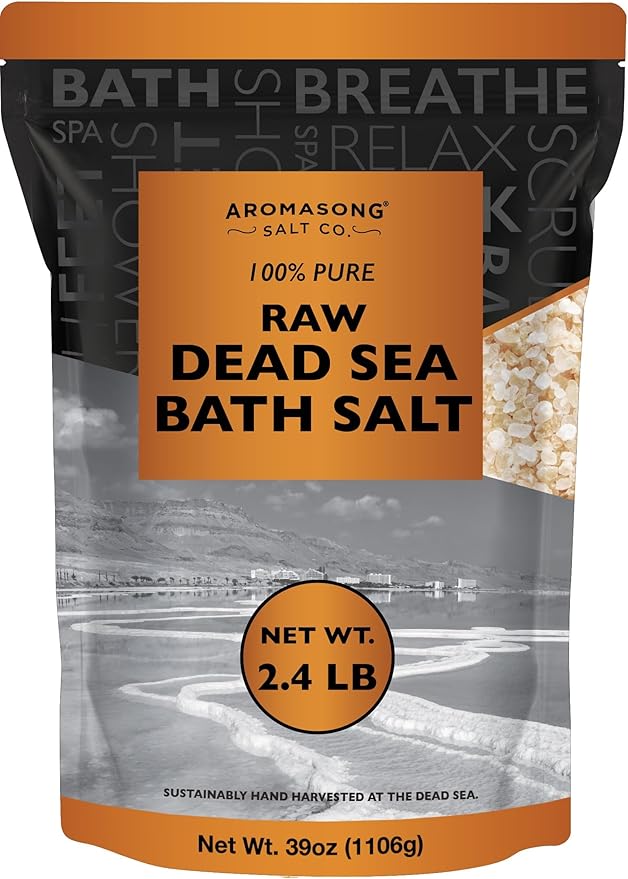 Aromasong All-Natural 2.43 Lb Raw Dead Sea Salt, Fine Medium Grain, Resealable Bulk Pack, Better Absorption & Leaves Your Skin Softer Than Epsom Salt (Packaging May Vary)
