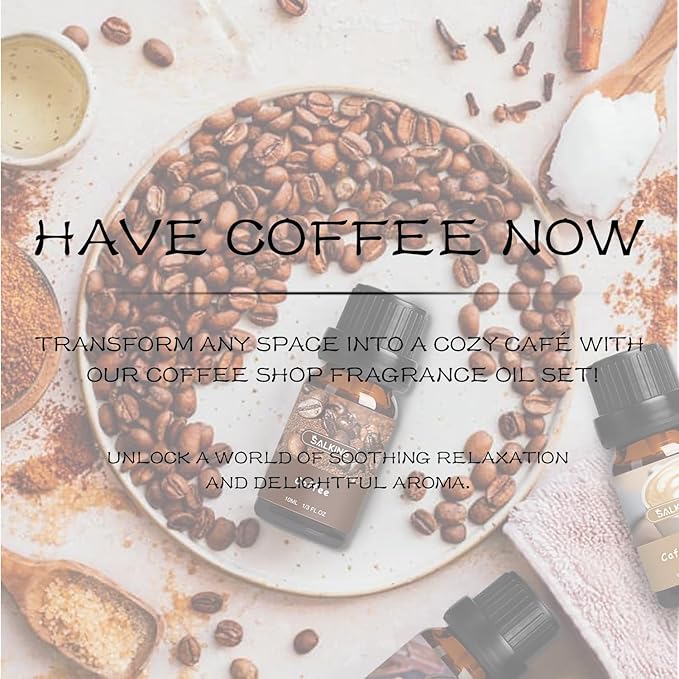 SALKING Coffee Shop Fragrance Oils Set, Premium Essential Oils Set for Diffuser, Scented Oil for Soap & Candle Making - Blueberry Pancakes, Coffee, Café Latte, Hot Chocolate, French Vanilla, Black Tea