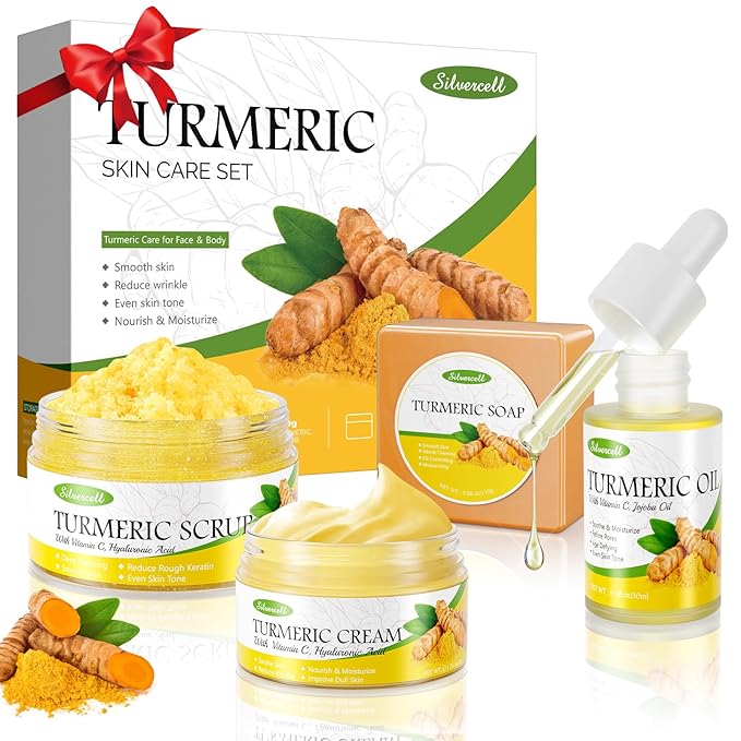 Turmeric Skin Care Set Even Skin Tone with Vitamin C, Skin Care Gift Set 4 In 1 Include Turmeric Soap Bar Turmeric Oil Turmeric Face Cream Turmeric Scrub, Face Moisturizer Skincare Set for Women