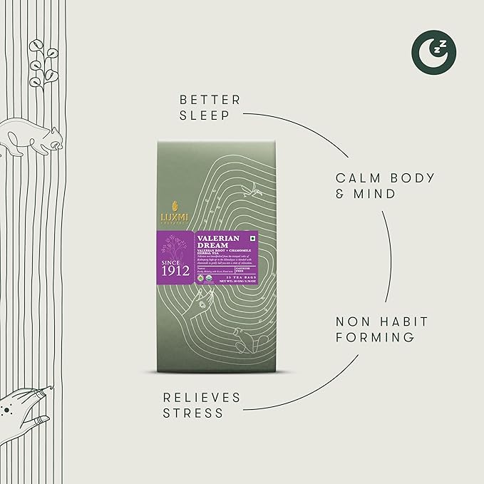 Luxmi Estates - Valerian Dream - Organic Valerian Root Tea for Sleep - 25 Tea Bags | with Valerian Root, Chamomile & Lavender | Perfect Wellness Sleep Tea