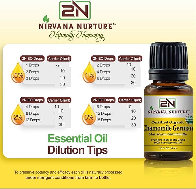 Chamomile German Essential Oil USDA Certified Organic 100% Pure Premium Therapeutic Grade, Undiluted - Aromatherapy Diffuser for Calm and Relaxation, Skin Care, Hair Care