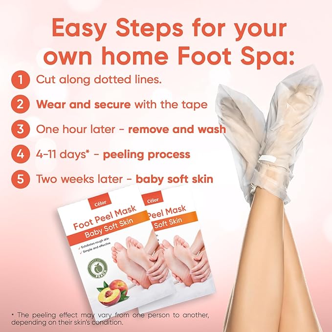 Foot Peel Mask - Foot Mask for Baby Soft Skin - Remove Dead Skin, Dry, Cracked Feet & Callus, Foot Spa, Made with Aloe Vera Extract for Women and Men (2 Pairs Peach)