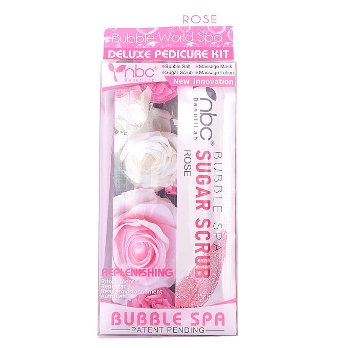 Pedicure Kit Foot Soak Set: Bubble Salt, Sugar Scrub, Massage Mask, Massage Lotion in a Box, 4 Step Foot Spa Kit for Dry Feet, Softens Calluses, Soothes Sore, Tired Feet（3 Set Rose)