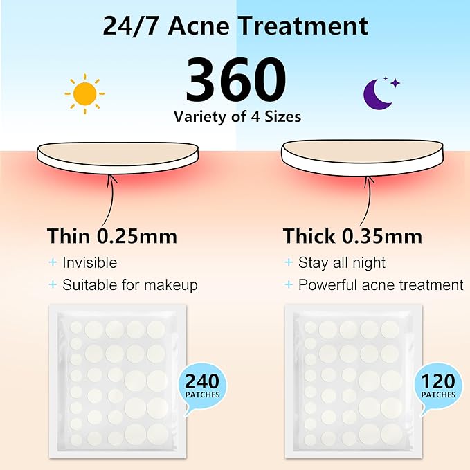 Pimple Patches for Face, 4 Size 360 Counts Acne Patches, Hydrocolloid Patches for Covering Zits and Blemishes, Spot Stickers with Salicylic Acid, Tea Tree Oil & Centella