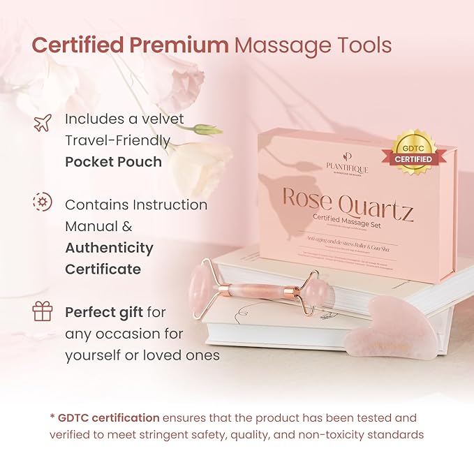 PLANTIFIQUE Face Roller and Gua Sha Rose Quartz Certified | Gifts | Guasha Tool for Face | Jawline Shaper | Your Skin Care Routine