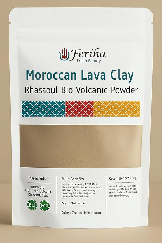 FERIHA Moroccan Rhassoul Bio Clay Powder, Organic Facial Body & Hair Mask. Fight Acne, Cleanse Impurities, & Improve Skin Elasticity.
