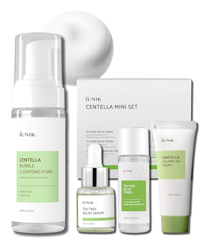 IUNIK Centella Mini Set, Travel Friendly Skincare Set, Ultra calming and hydrating for sensitive skin: Tea Tree Relief Toner,Serum, Centella Calming Gel with Foam Cleanser